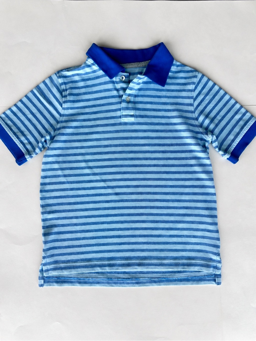 Lands’ End Boys Medium 10-12 Blue Striped 100% Cotton Polo Shirt Short Sleeves